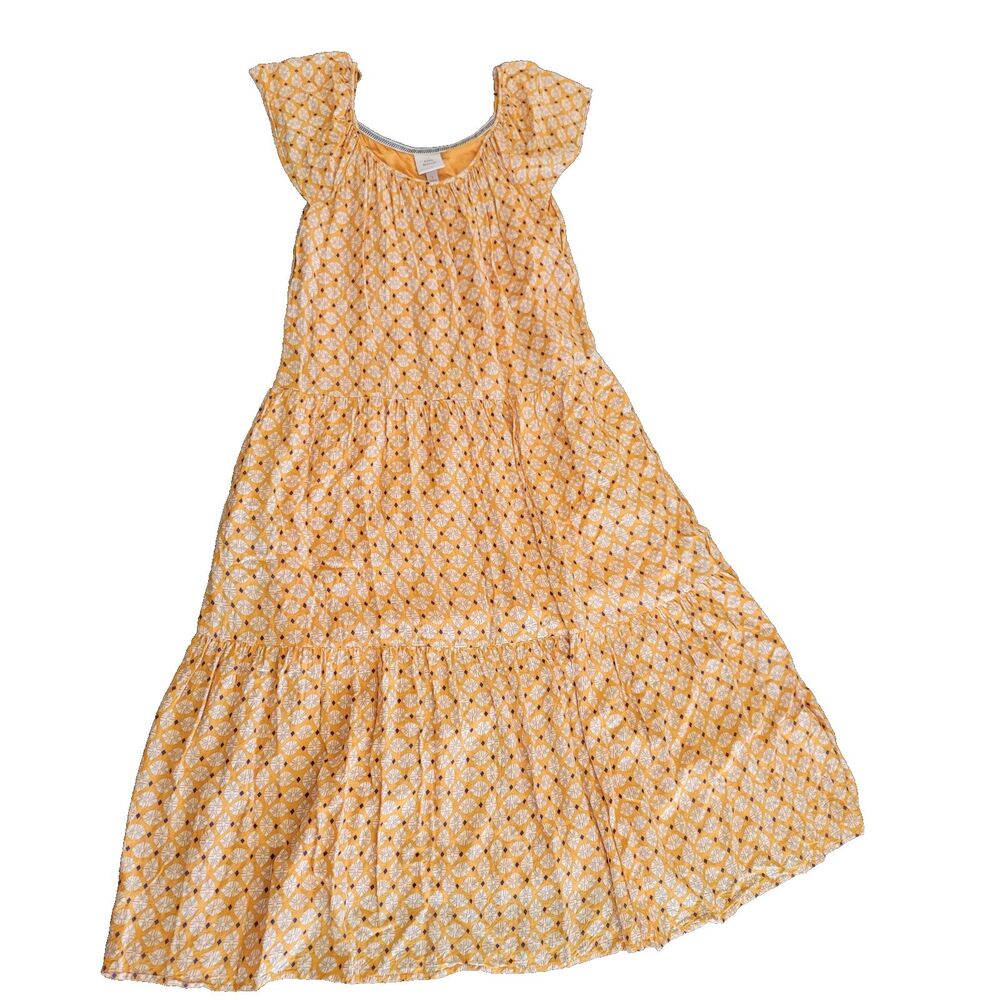 Women's Tiered Maxi Dress w/Pockets SZ L Peasant Boho Orange Blue Diamond - Picture 7 of 14